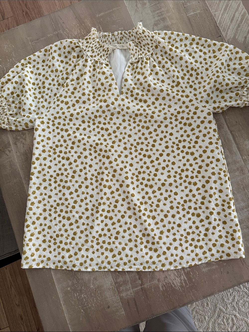 Doe & Rae White Blouse with Mustard Dot Print and Smocked Neck